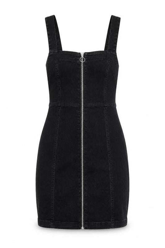 Front view of Denim & Co. women’s black cotton pinafore/dungaree dress, size UK 6, square neck zip - pinafore