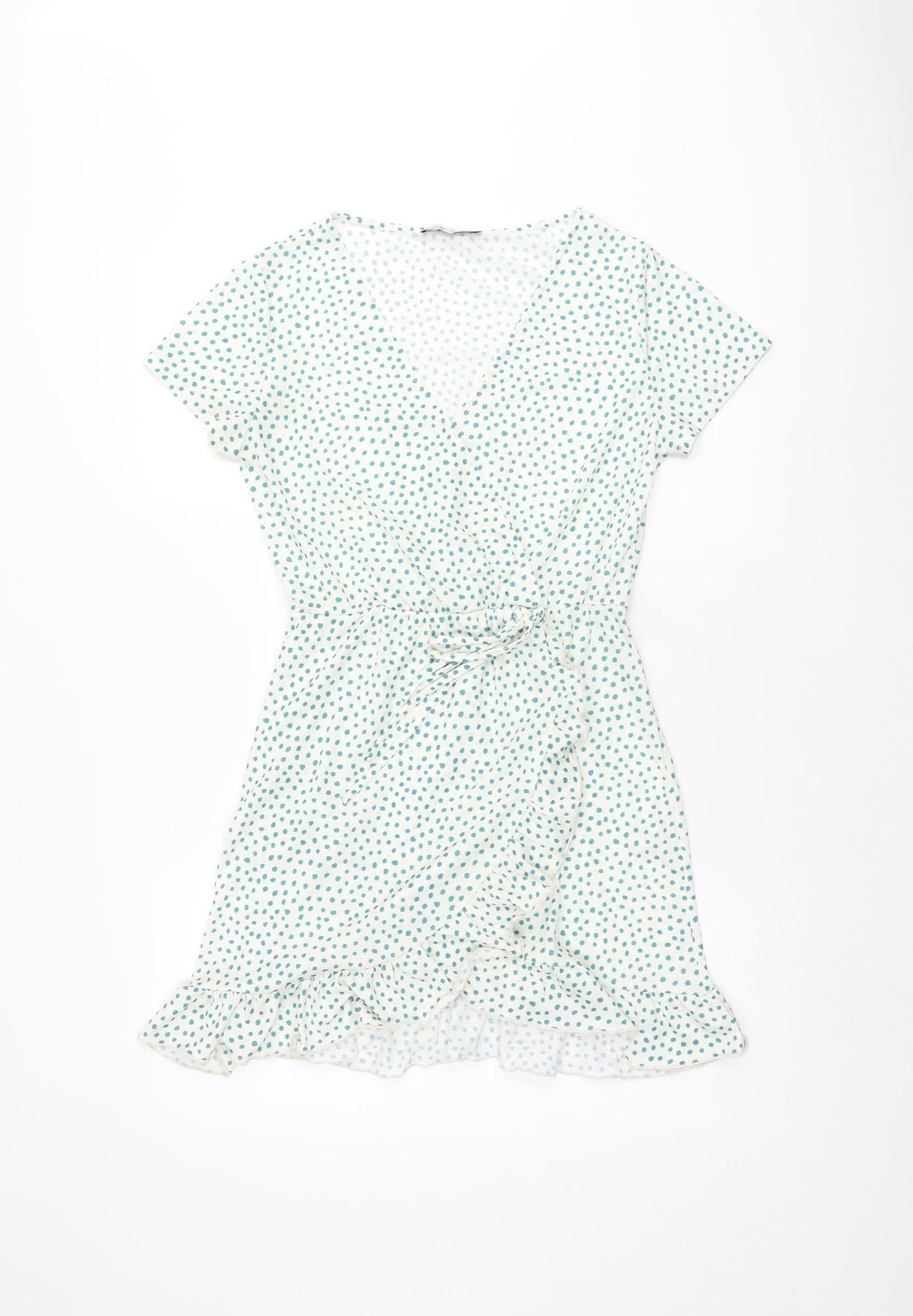 Pull&Bear Womens White Polka Dot Polyester Wrap Dress Size M V-Neck Pullover