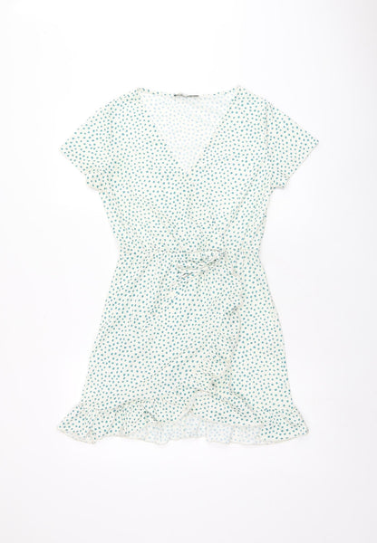Pull&Bear Womens White Polka Dot Polyester Wrap Dress Size M V-Neck Pullover