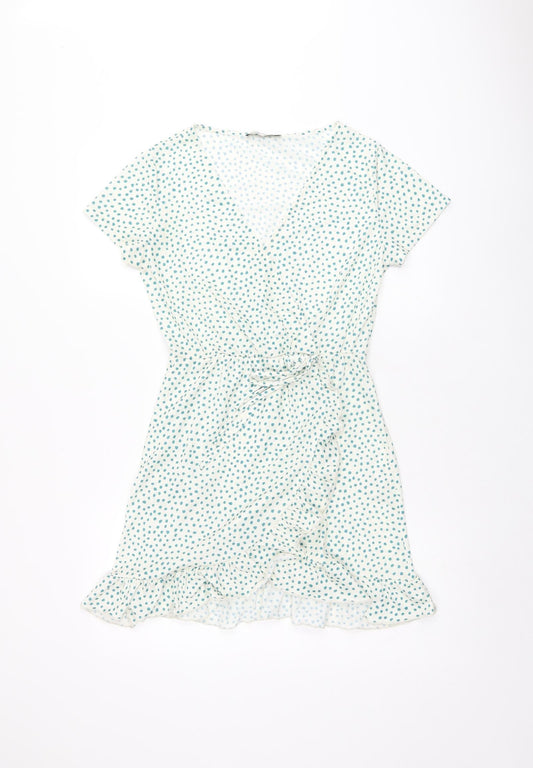 Pull&Bear Womens White Polka Dot Polyester Wrap Dress Size M V-Neck Pullover