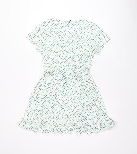 Pull&Bear Womens White Polka Dot Polyester Wrap Dress Size M V-Neck Pullover