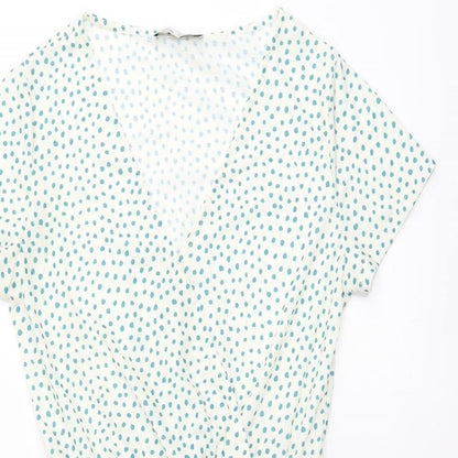 Pull&Bear Womens White Polka Dot Polyester Wrap Dress Size M V-Neck Pullover