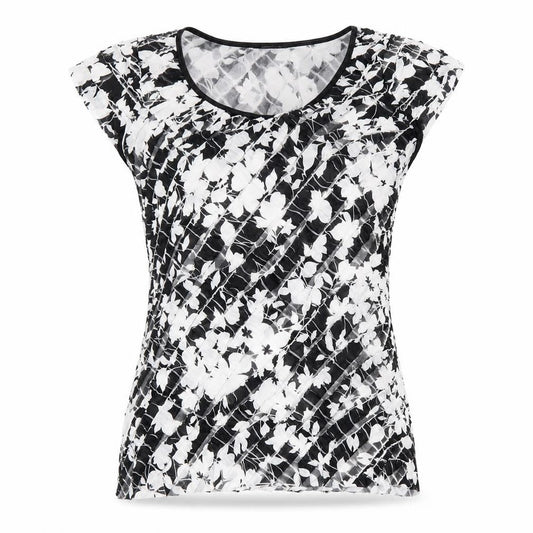 Front view of Roman women’s black floral polyester basic t-shirt, size UK 12, scoop neck