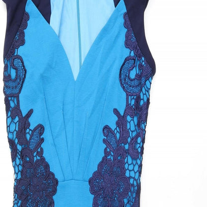 Little Mistress Womens Blue Viscose Bodycon Size 8 V-Neck Zip - Crochet Detail