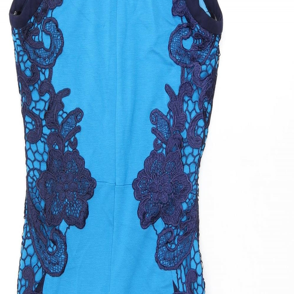 Little Mistress Womens Blue Viscose Bodycon Size 8 V-Neck Zip - Crochet Detail