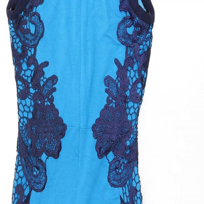 Little Mistress Womens Blue Viscose Bodycon Size 8 V-Neck Zip - Crochet Detail