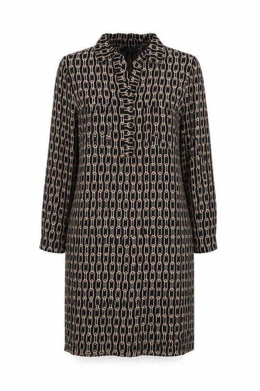 Front view of Principles women’s black geometric polyester shift, size UK 12, collared pullover - chain detail