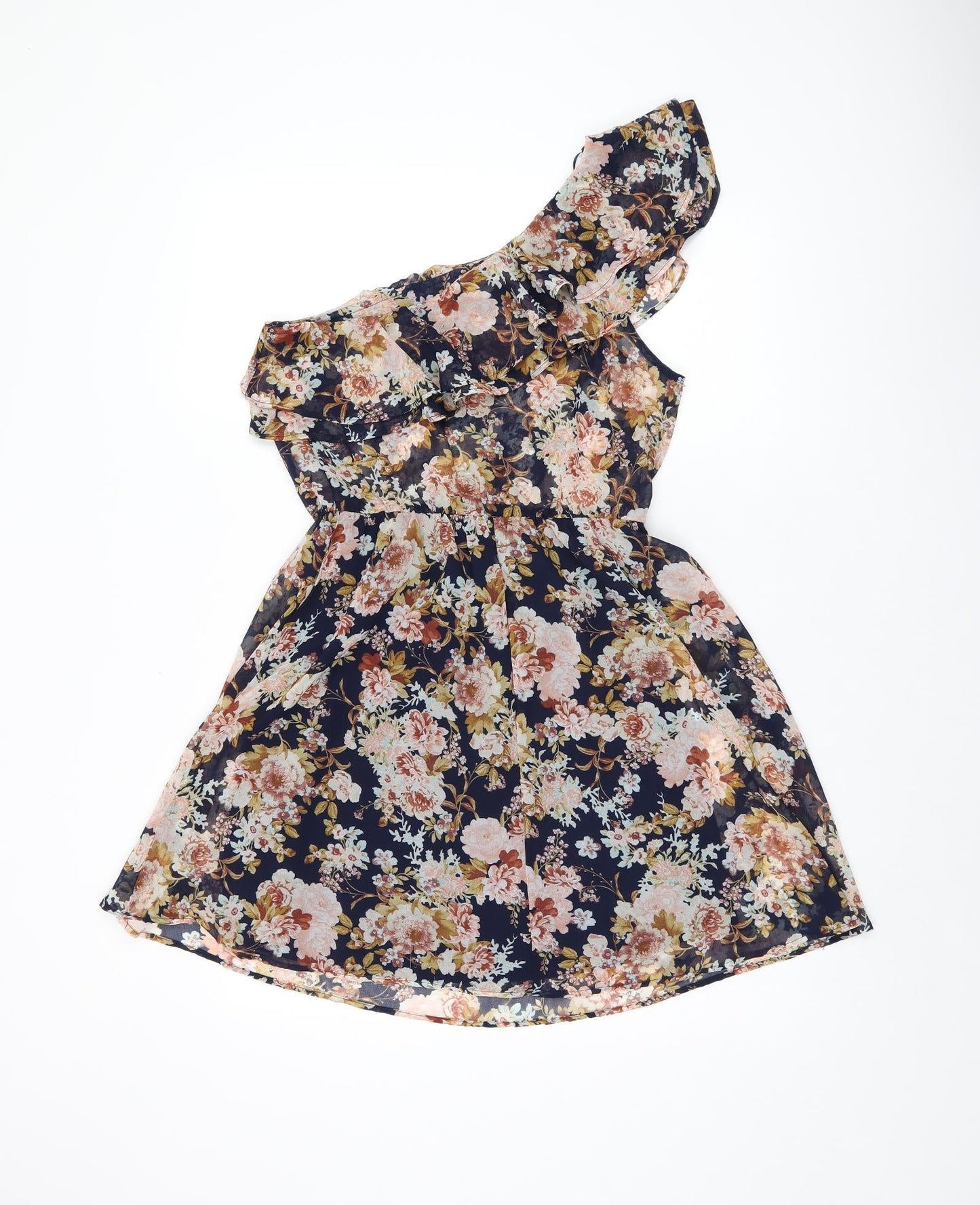 Stradivarius Womens Black Floral Polyester A-Line Size 10 One Shoulder Pullover - Ruffles