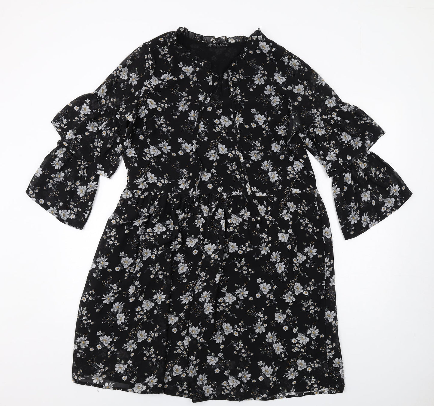 Carry Casual Womens Black Floral Polyester A-Line Size L V-Neck Pullover