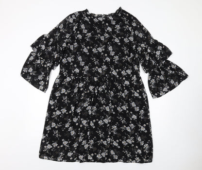 Carry Casual Womens Black Floral Polyester A-Line Size L V-Neck Pullover