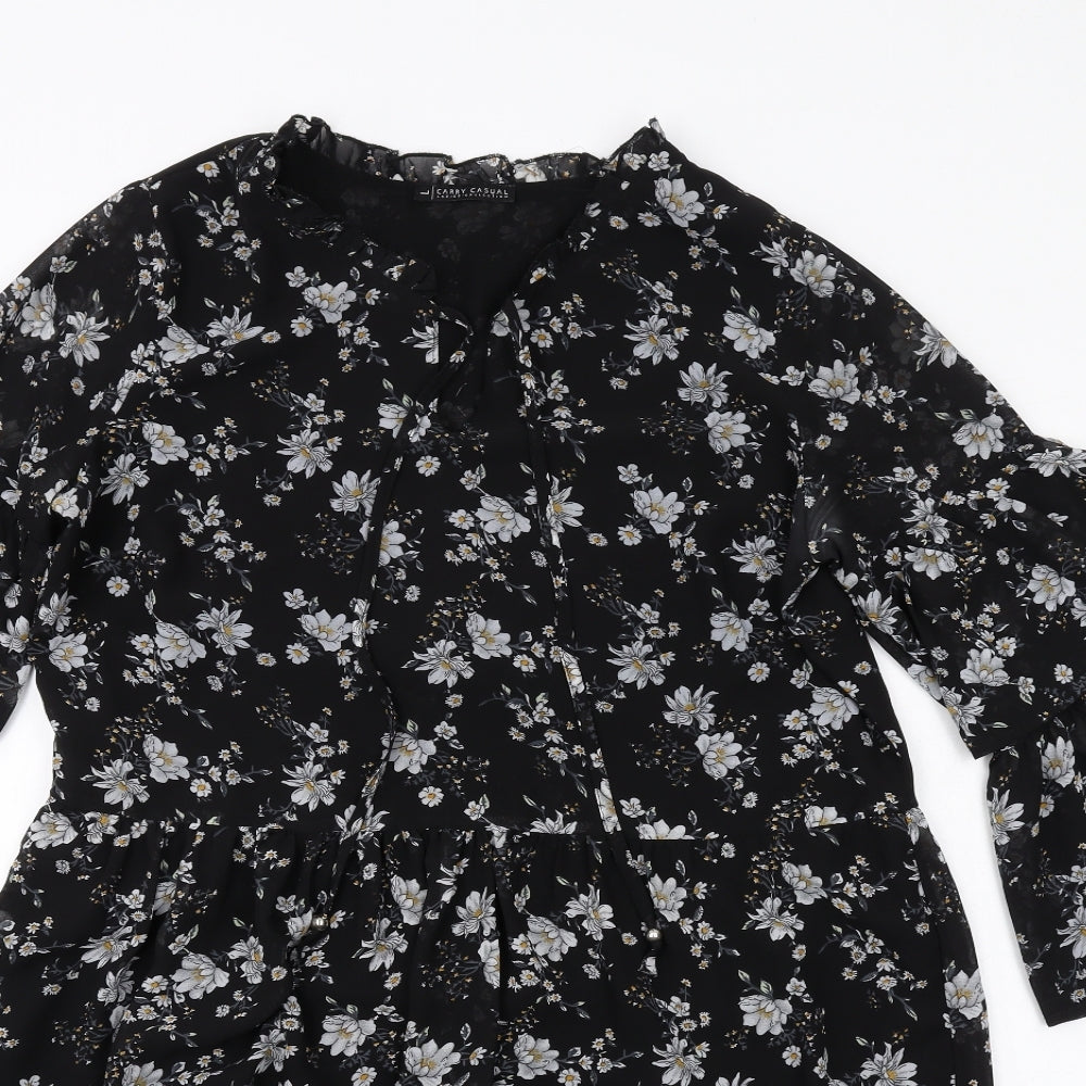 Carry Casual Womens Black Floral Polyester A-Line Size L V-Neck Pullover