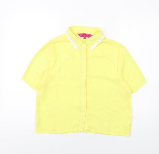 Boohoo Womens Yellow Polyester Basic Button-Up Size 10 Collared - Embroidered Collar