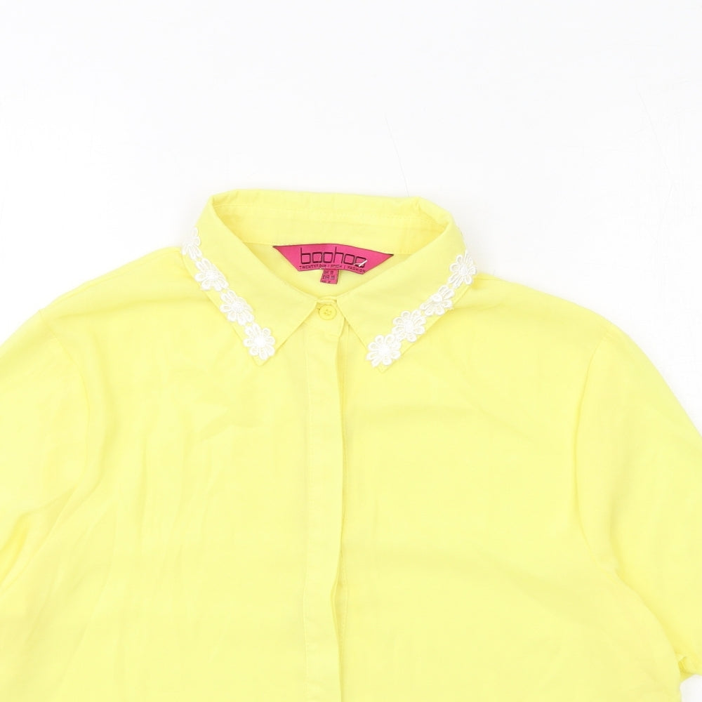 Boohoo Womens Yellow Polyester Basic Button-Up Size 10 Collared - Embroidered Collar