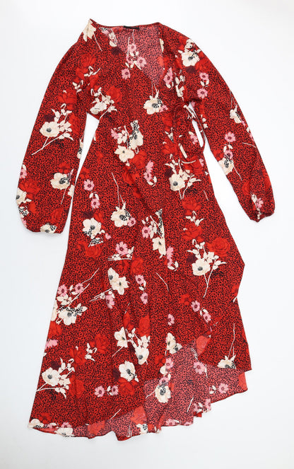 Wallis Womens Red Geometric Polyester Wrap Dress Size 8 V-Neck Tie - Leopard Print Flowers