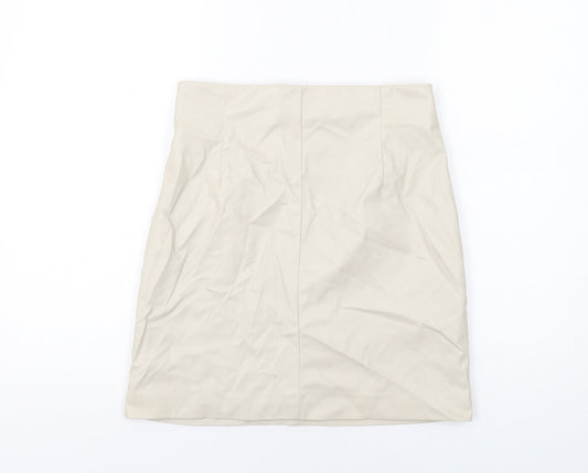 H&M Womens Beige Polyester A-Line Skirt Size 10 Zip - Leather Coated