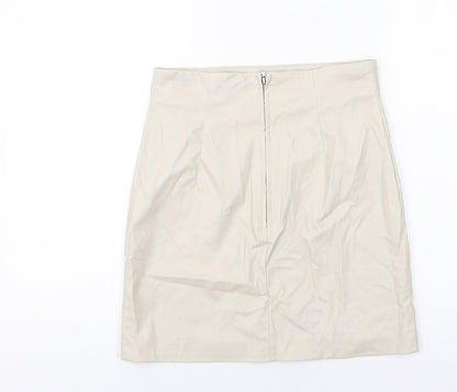 H&M Womens Beige Polyester A-Line Skirt Size 10 Zip - Leather Coated