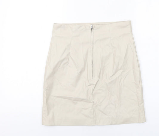 H&M Womens Beige Polyester A-Line Skirt Size 10 Zip - Leather Coated