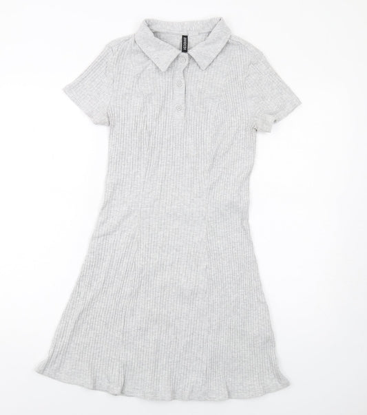 H&M Womens Grey Cotton A-Line Size M Collared Button