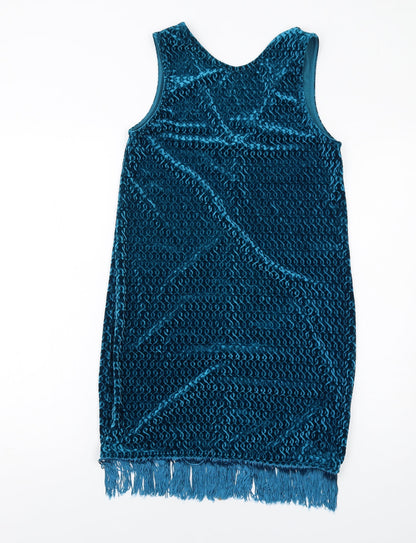 Topshop Womens Blue Geometric Polyester Tank Dress Size 10 Round Neck Pullover - Tassel Hem