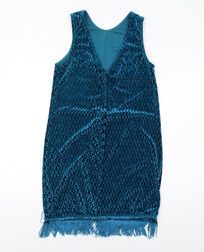 Topshop Womens Blue Geometric Polyester Tank Dress Size 10 Round Neck Pullover - Tassel Hem