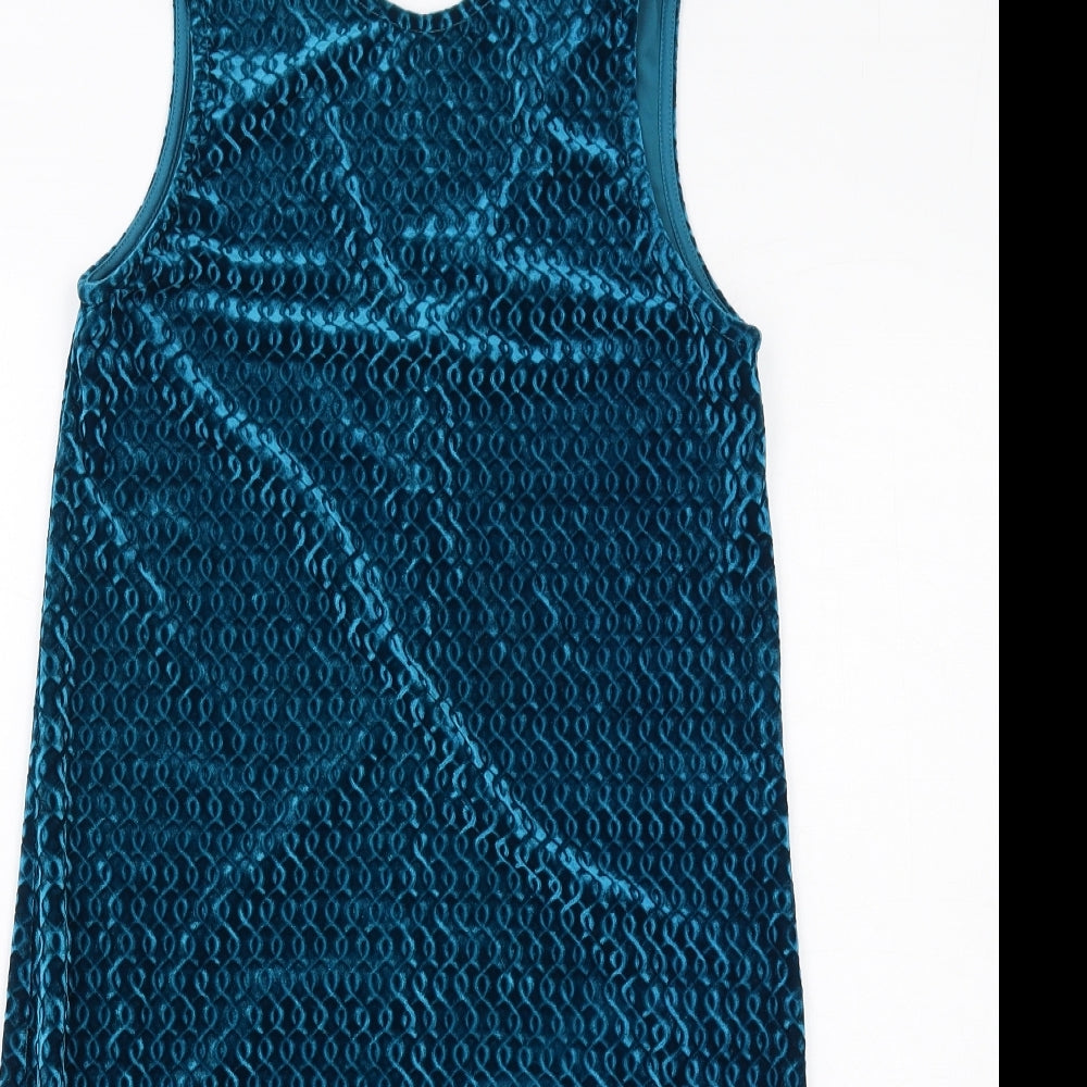 Topshop Womens Blue Geometric Polyester Tank Dress Size 10 Round Neck Pullover - Tassel Hem