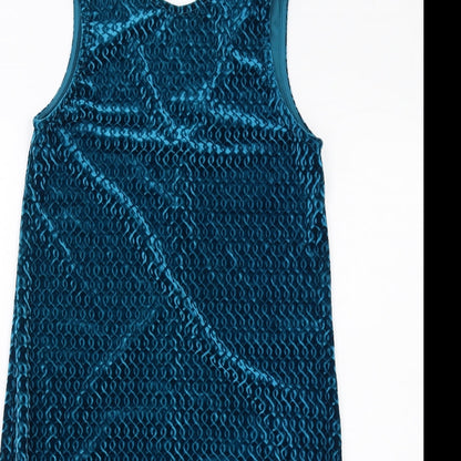 Topshop Womens Blue Geometric Polyester Tank Dress Size 10 Round Neck Pullover - Tassel Hem