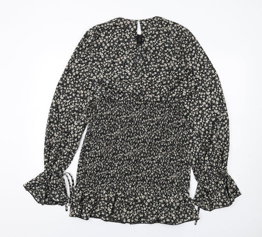 Misspap Womens Black Floral Polyester Bodycon Size 12 Round Neck Button