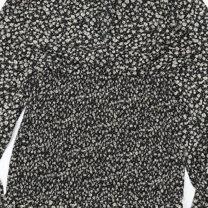 Misspap Womens Black Floral Polyester Bodycon Size 12 Round Neck Button