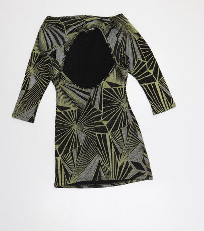 Topshop Womens Black Geometric Polyamide Mini Size 10 Boat Neck Pullover - Cut Out Detail