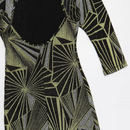 Topshop Womens Black Geometric Polyamide Mini Size 10 Boat Neck Pullover - Cut Out Detail