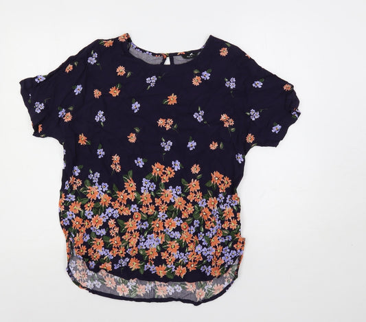 M&Co Womens Blue Floral Viscose Basic Blouse Size 10 Round Neck