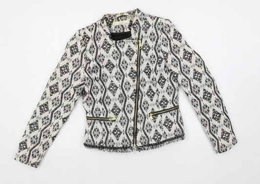 H&M Womens White Geometric Jacket Blazer Size 8 Zip