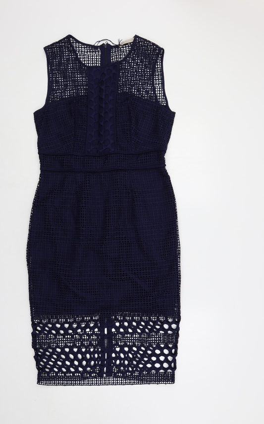 Marks and Spencer Womens Blue Polyester Pencil Dress Size 12 Round Neck Zip - Crochet Overlay