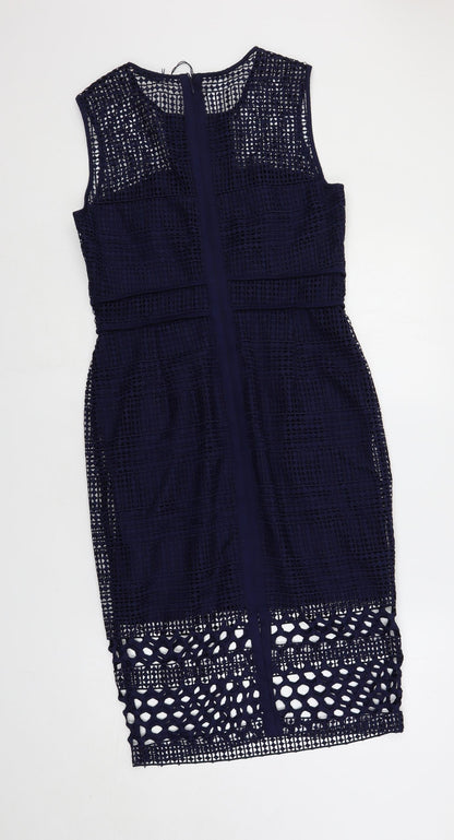 Marks and Spencer Womens Blue Polyester Pencil Dress Size 12 Round Neck Zip - Crochet Overlay