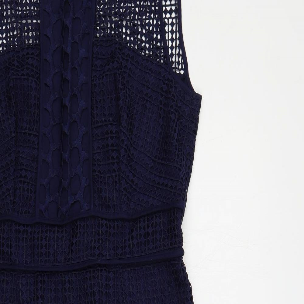 Marks and Spencer Womens Blue Polyester Pencil Dress Size 12 Round Neck Zip - Crochet Overlay