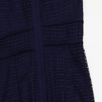 Marks and Spencer Womens Blue Polyester Pencil Dress Size 12 Round Neck Zip - Crochet Overlay