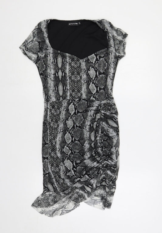 PRETTYLITTLETHING Womens Grey Animal Print Polyester Bodycon Size 10 V-Neck Pullover - Snake Print