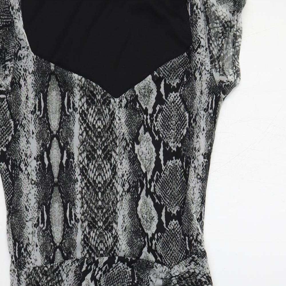 PRETTYLITTLETHING Womens Grey Animal Print Polyester Bodycon Size 10 V-Neck Pullover - Snake Print