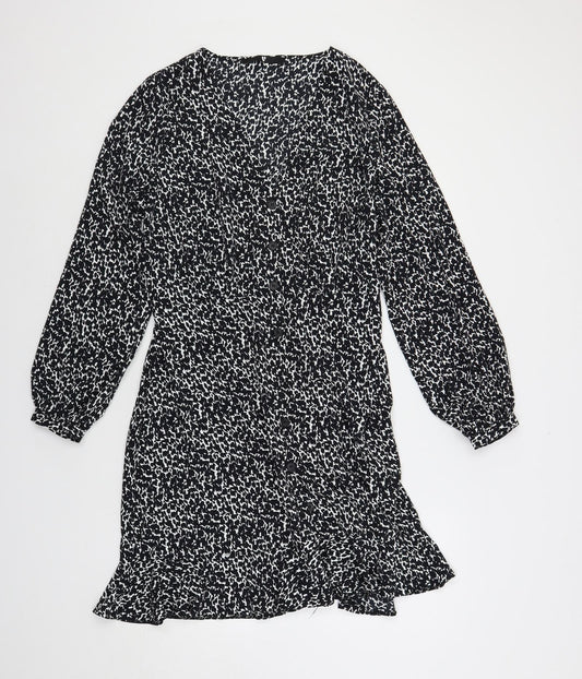 Very Womens Black Geometric Polyester A-Line Size 14 V-Neck Button