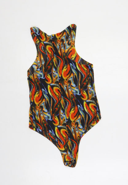 PRETTYLITTLETHING Womens Multicoloured Geometric Polyester Bodysuit One-Piece Size 8 Snap