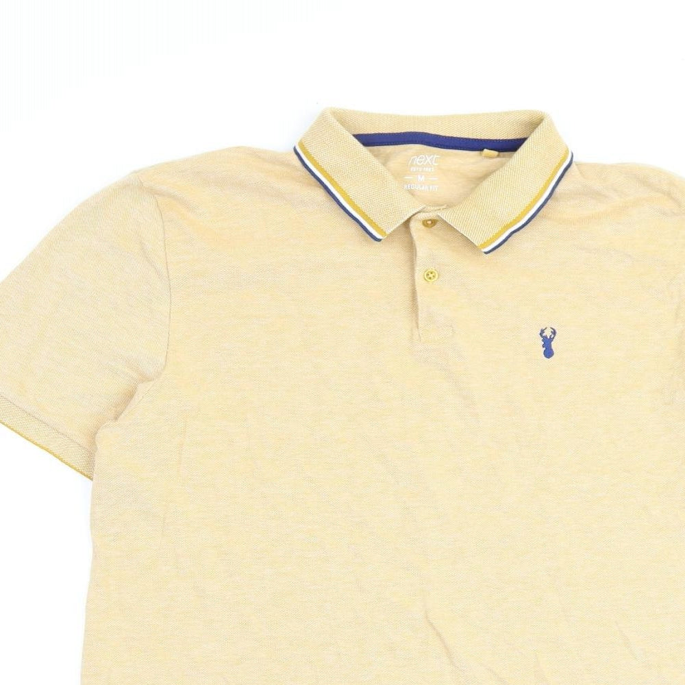 NEXT Mens Yellow Herringbone 100% Cotton Polo Size M Collared Button