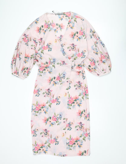 Mango Womens Pink Floral Polyester Wrap Dress Size M V-Neck Tie