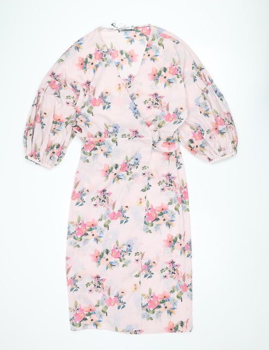 Mango Womens Pink Floral Polyester Wrap Dress Size M V-Neck Tie