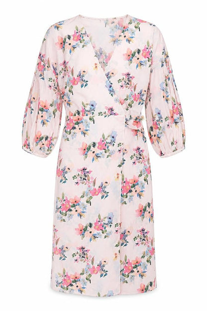 Mango Womens Pink Floral Polyester Wrap Dress Size M V-Neck Tie