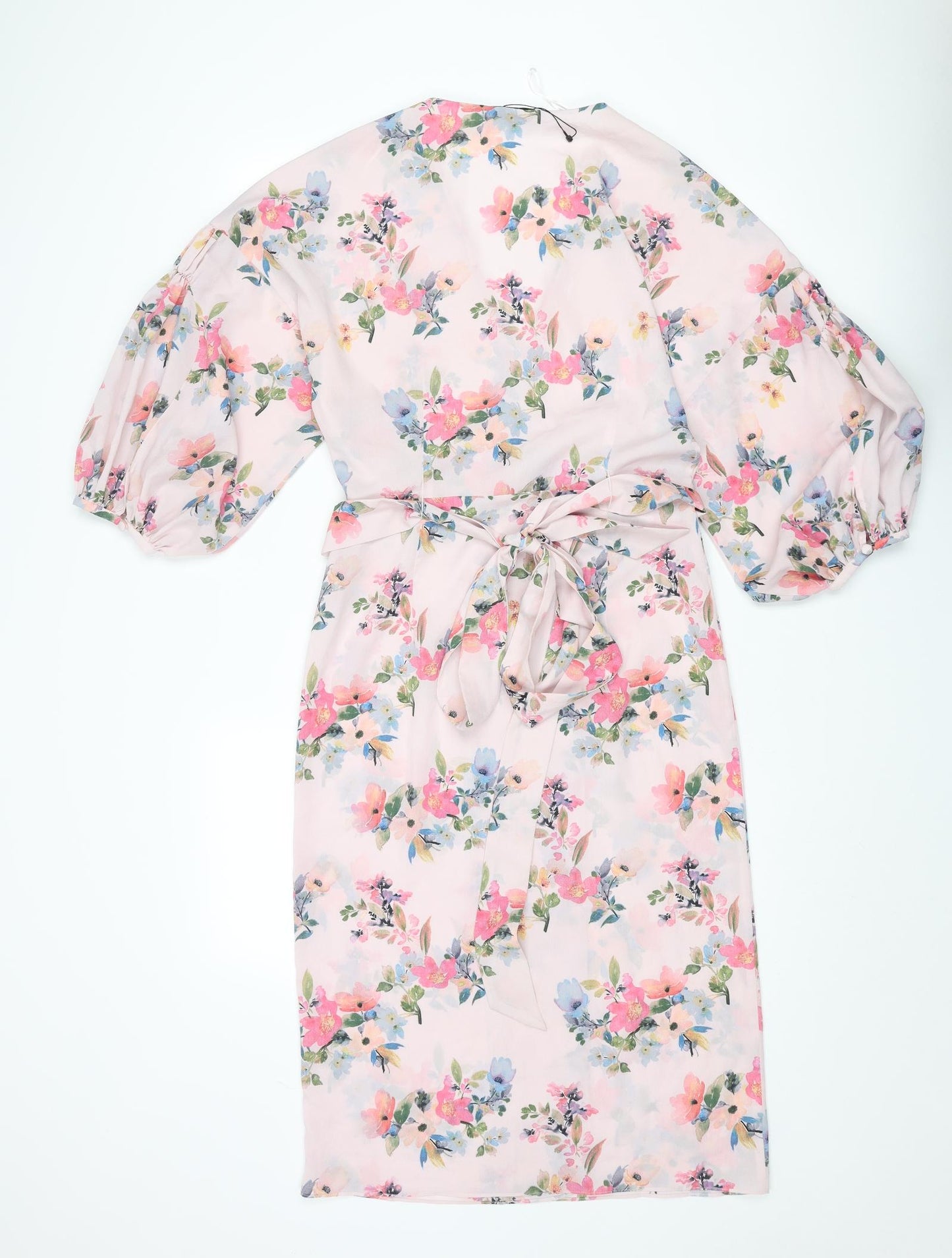 Mango Womens Pink Floral Polyester Wrap Dress Size M V-Neck Tie