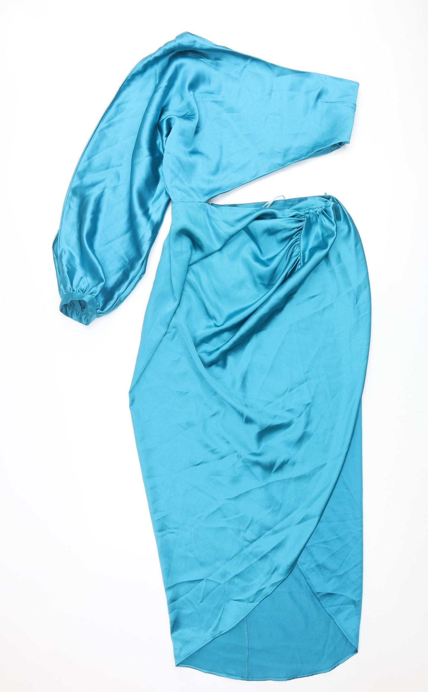 Zara Womens Blue Polyester Maxi Size M One Shoulder Zip - Batwing Sleeve Cut Out