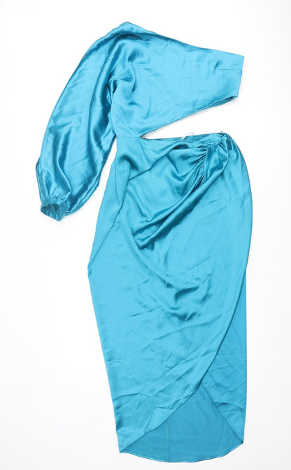 Zara Womens Blue Polyester Maxi Size M One Shoulder Zip - Batwing Sleeve Cut Out