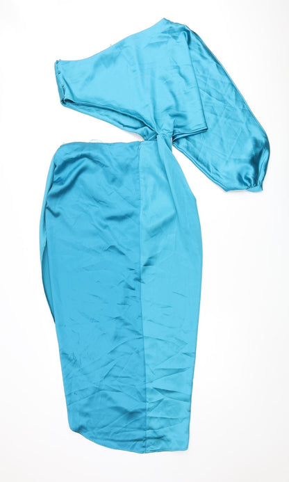 Zara Womens Blue Polyester Maxi Size M One Shoulder Zip - Batwing Sleeve Cut Out