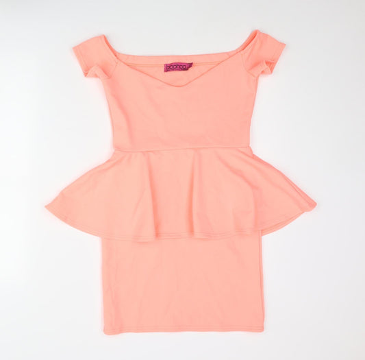 Boohoo Womens Pink Polyester Mini Size 10 Off the Shoulder Pullover - Peplum