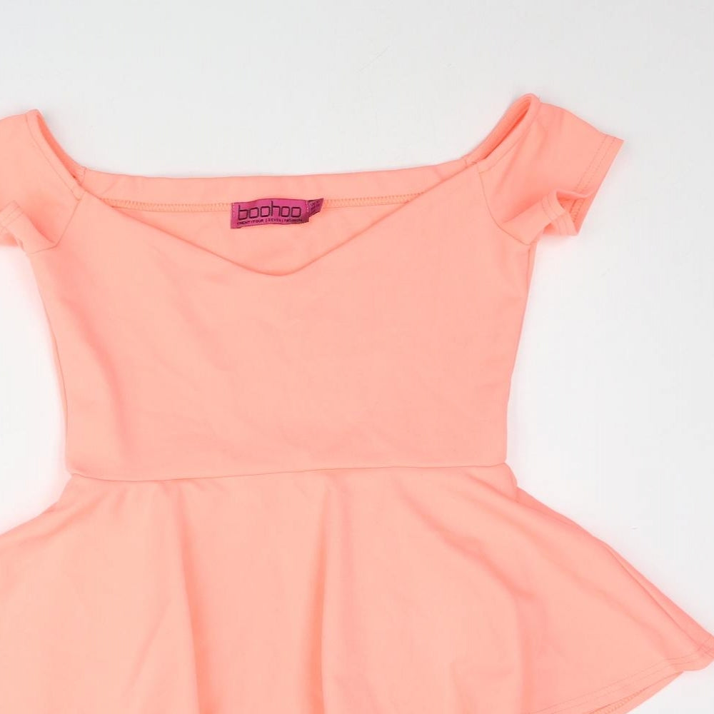 Boohoo Womens Pink Polyester Mini Size 10 Off the Shoulder Pullover - Peplum